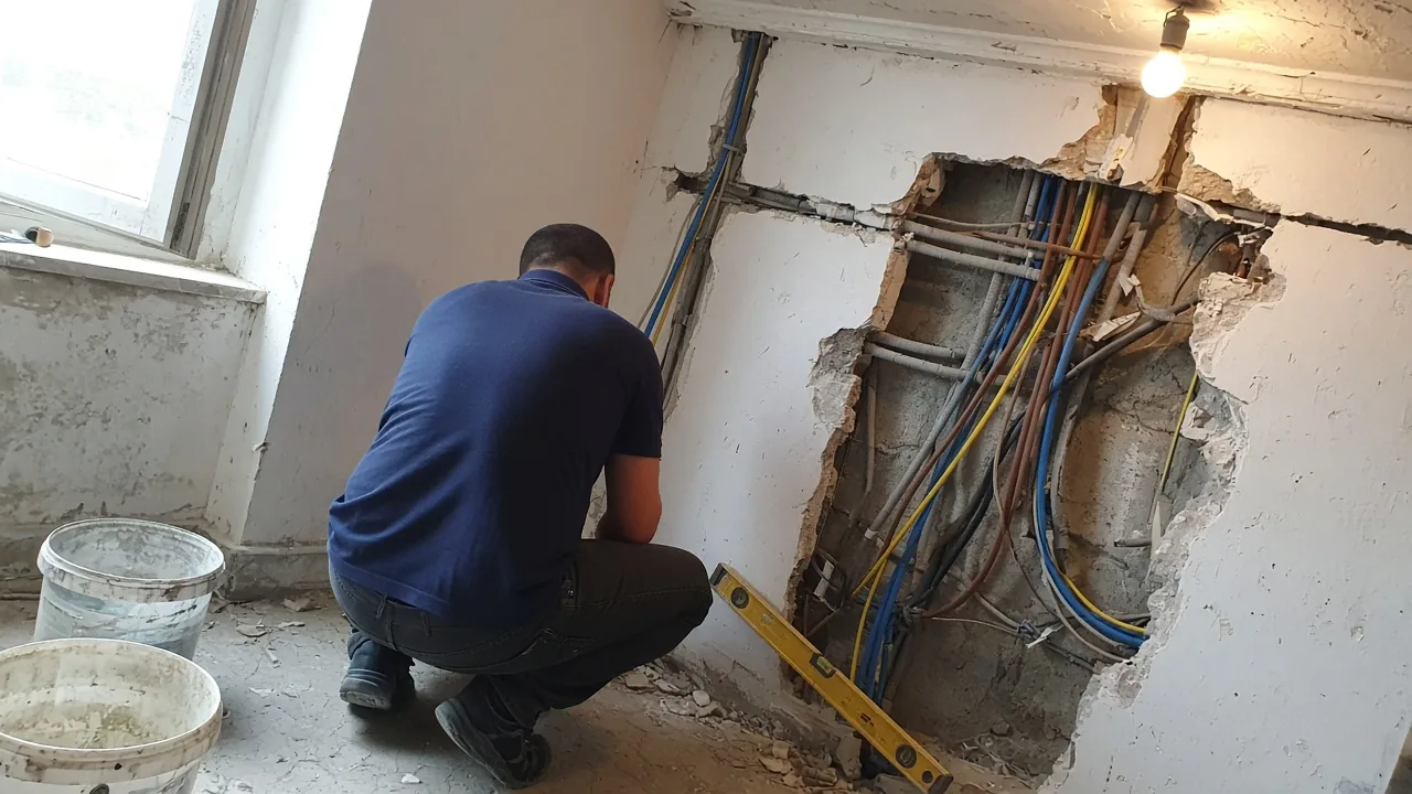 Ev duvarında açılan tesisatta renkli elektrik kabloları