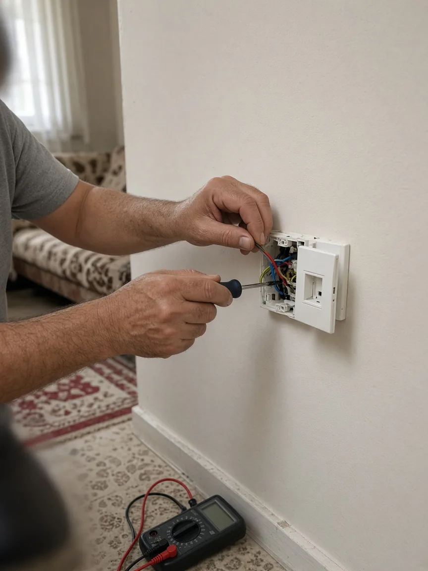 Priz tamiri yapan elektrikçinin elleri ve multimetre