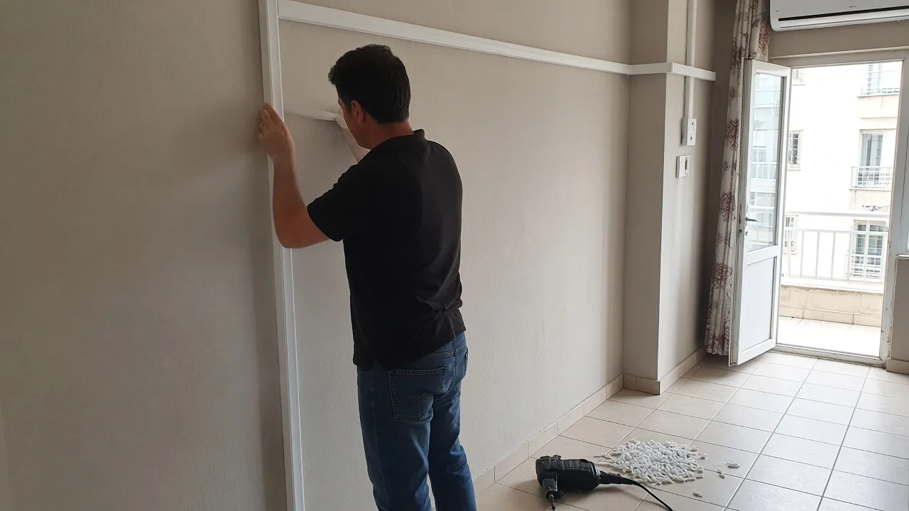 Duvara kablo kanalı montajı yapan elektrikçi