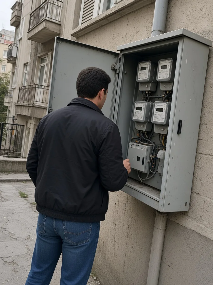 Bina elektrik sayaç dolabını kontrol eden elektrikçi