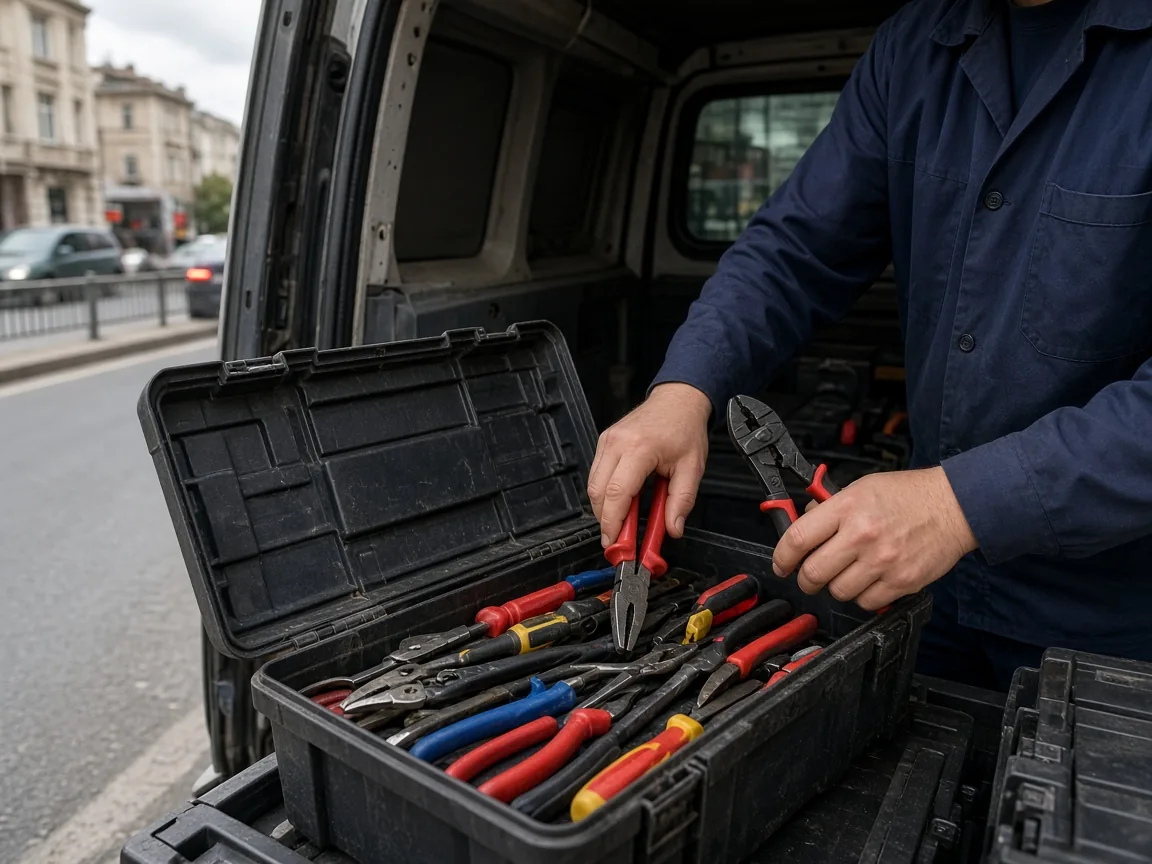 Servis aracında elektrikçi takım çantası